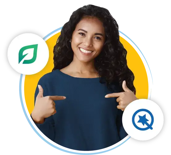 Woman pointing at her self with QuoteWizard and LendingTree logos floating in front.