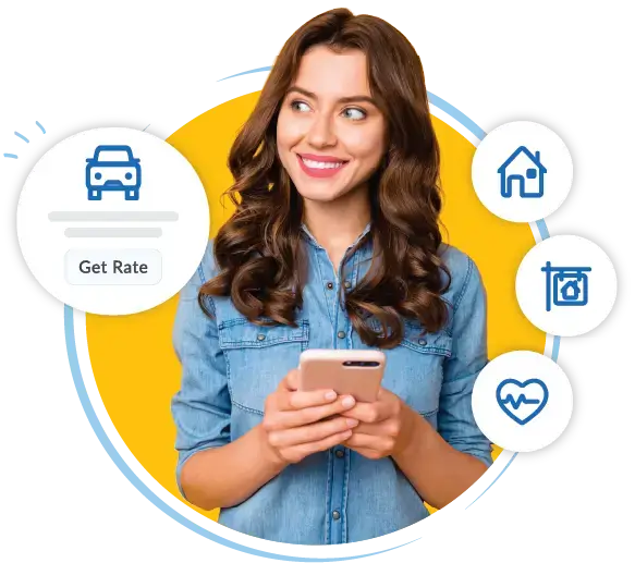 Women on her phone, with floating illustrations representing different insurance quote options from QuoteWizard.